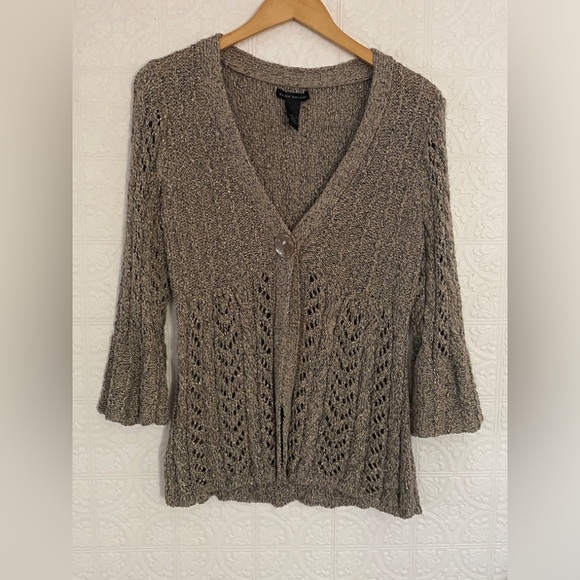 Elena Solan | Open Front Cardigan SWEATER | Gray Satin Marled Knit | Large - Picture 1 of 4